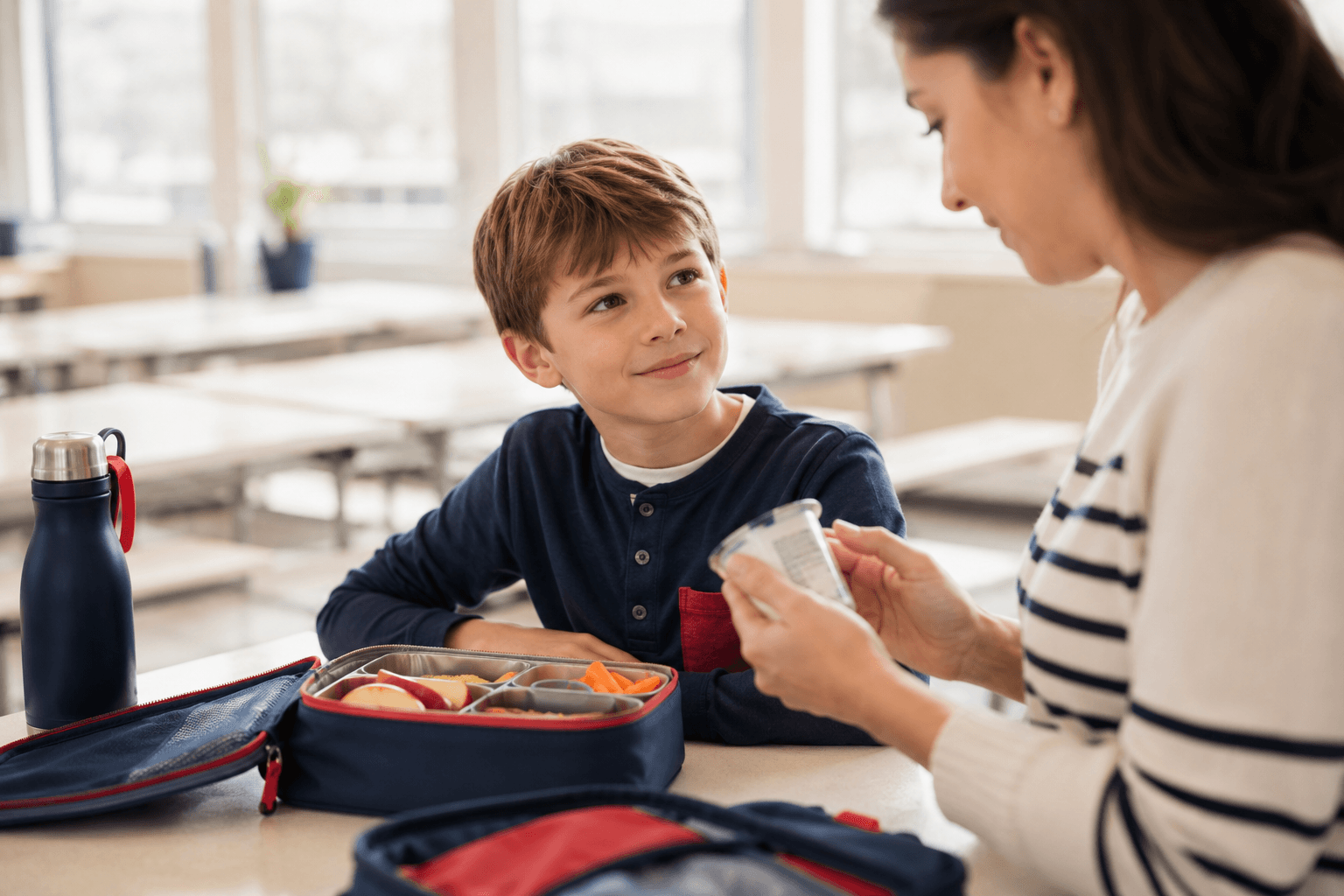 A boy at a school lunch table looking up while an adult reads the label on a food package.