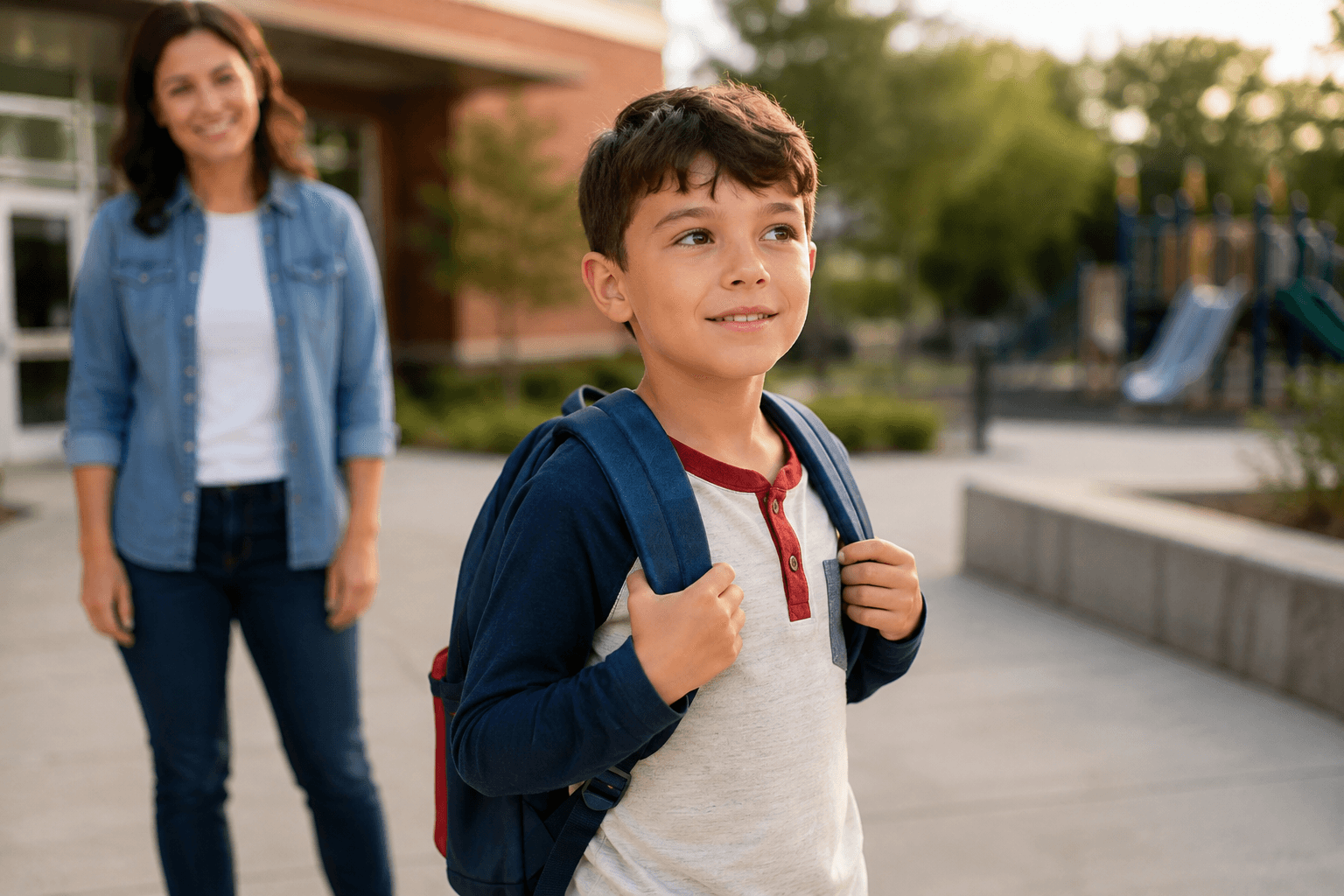 A boy with a backpack outside a school building, his mother watching from a few steps behind.